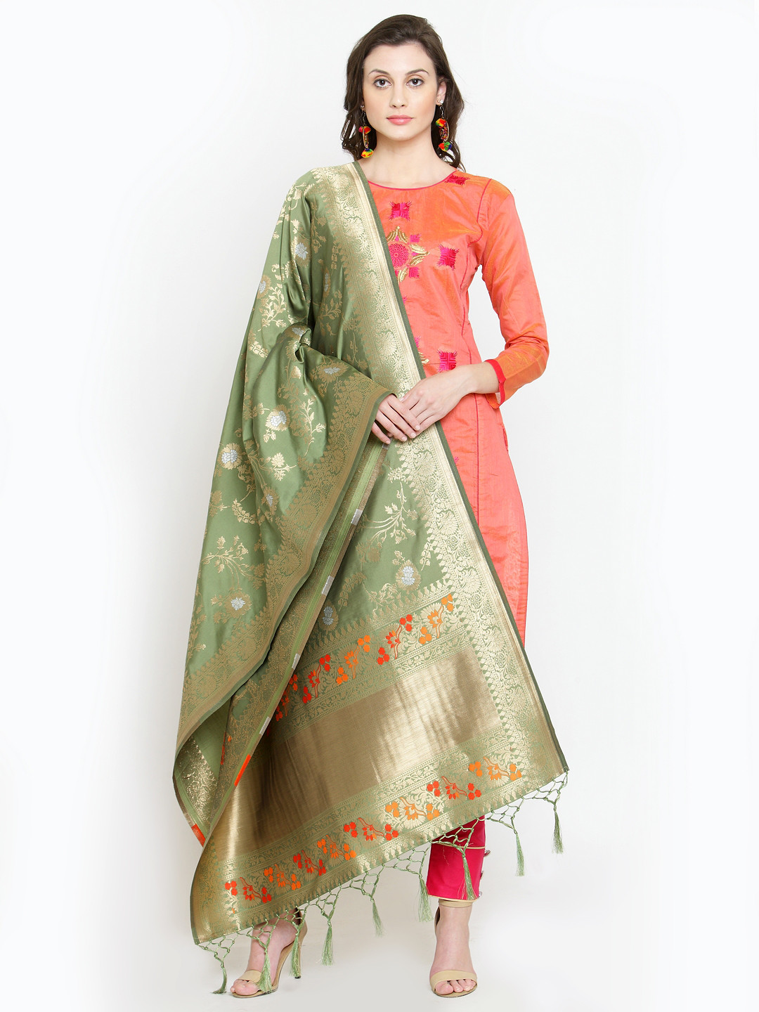 Buy Sugathari Olive Green & Gold Toned Woven Design Banarasi Dupatta