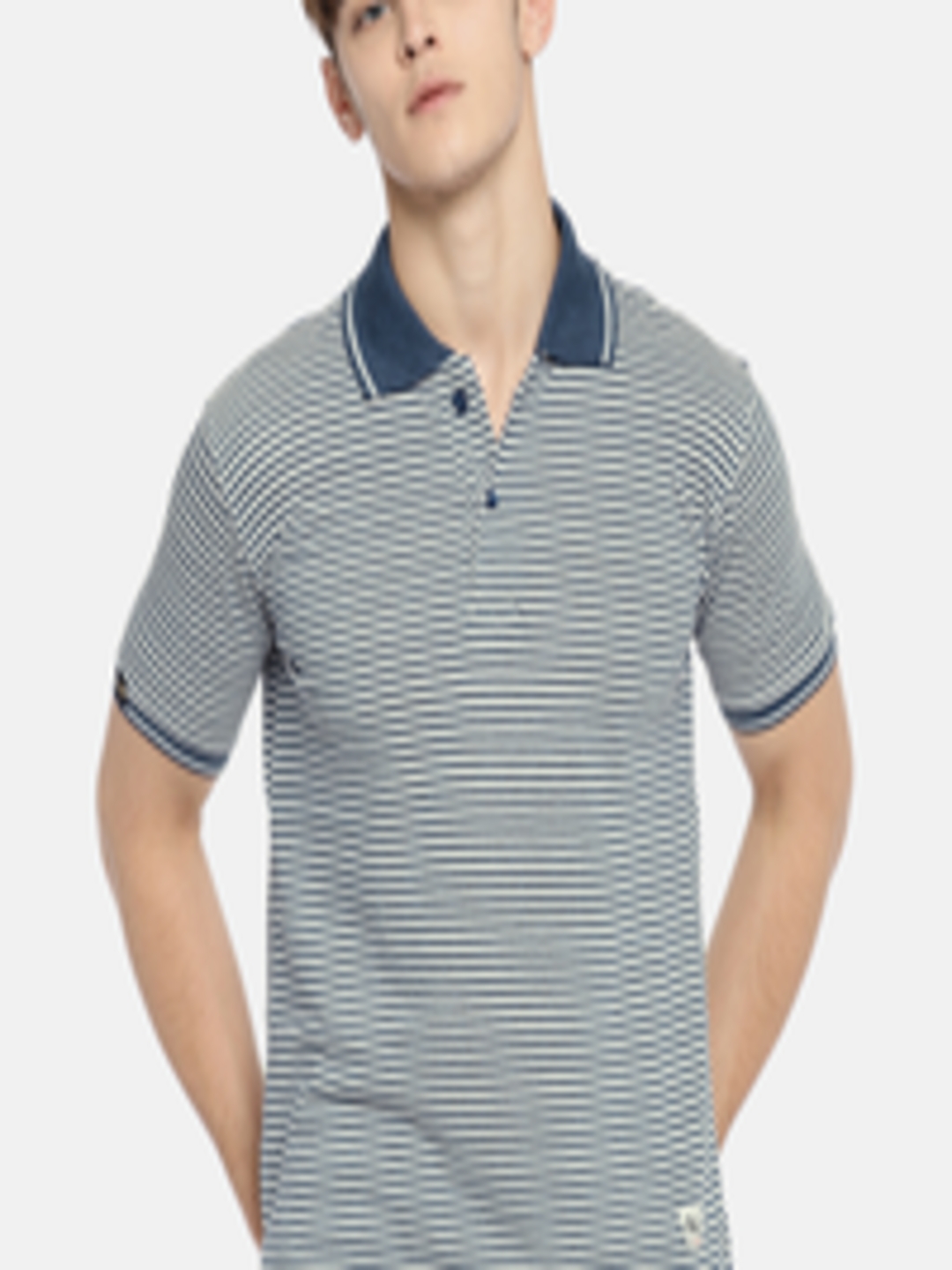 Buy Sports52 Wear Men Navy Blue & White Striped Polo Collar T Shirt ...