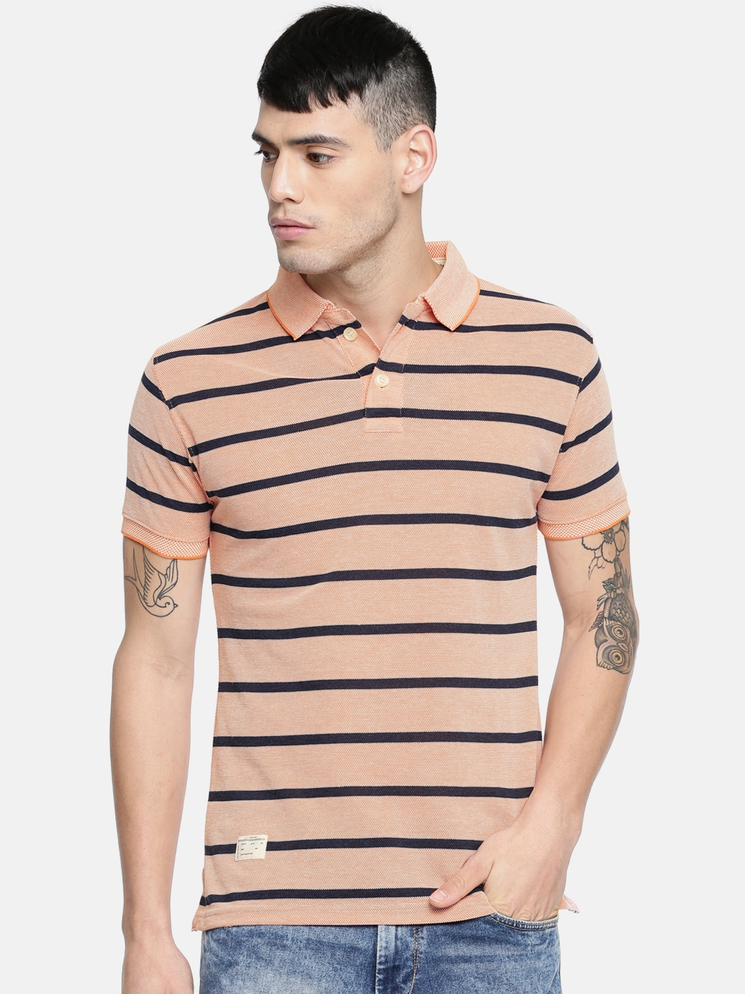 Buy Sports52 Wear Men Peach Coloured & Navy Blue Striped Polo T Shirt ...