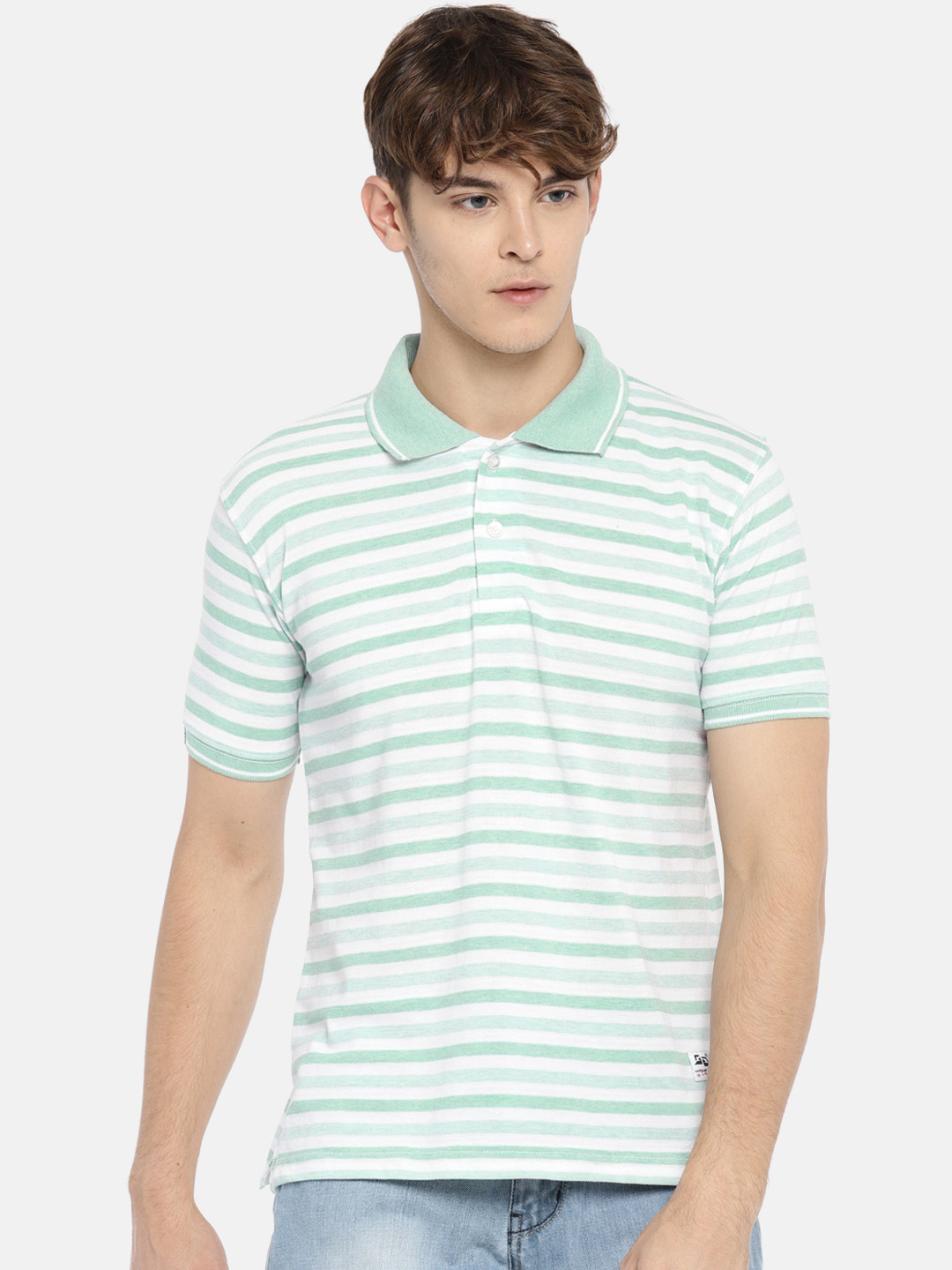 Buy Sports52 Wear Men Green & White Striped Polo Collar T Shirt