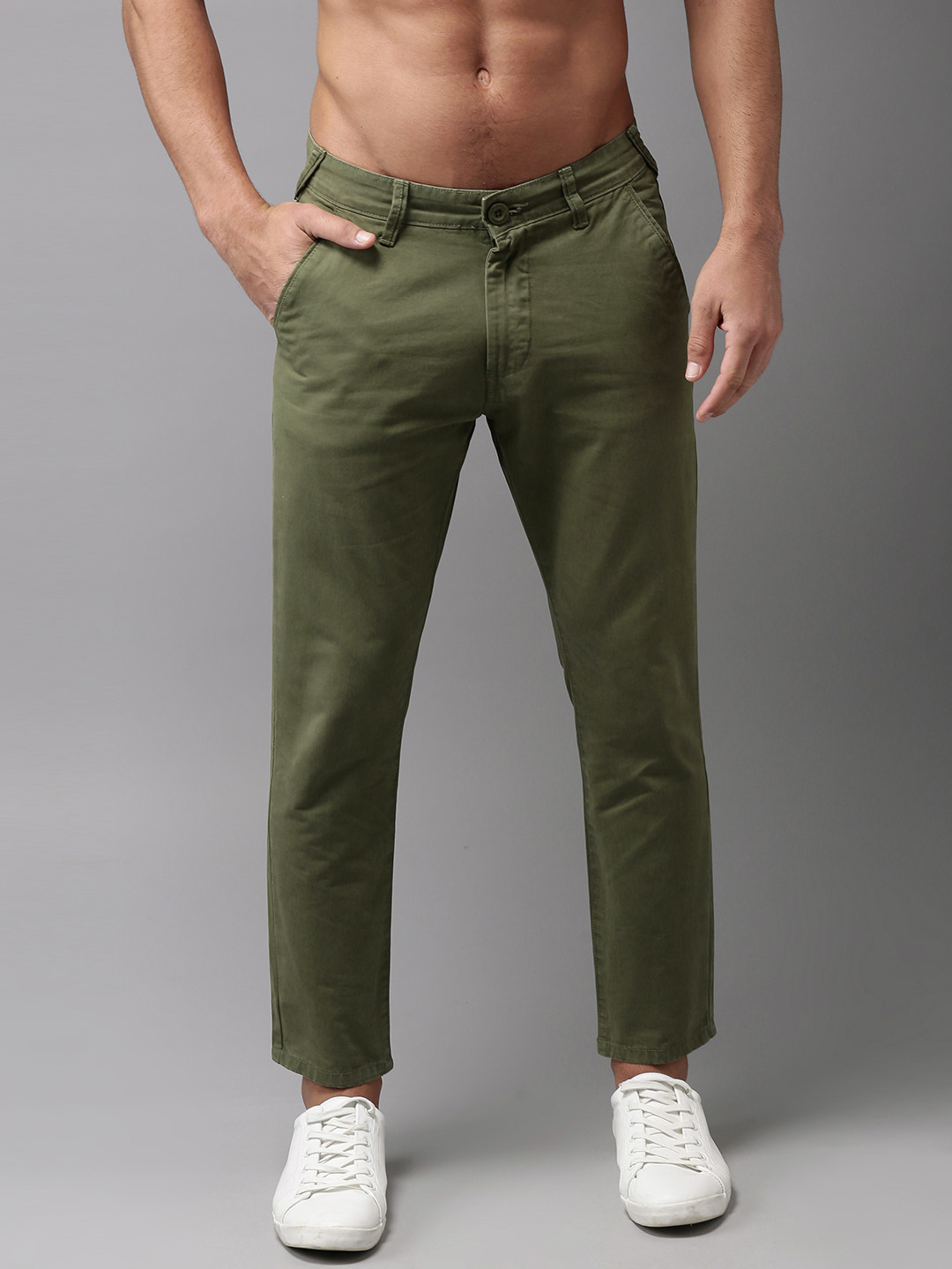 Buy HERE&NOW Men Olive Green Slim Fit Solid Cropped Chinos - Trousers ...