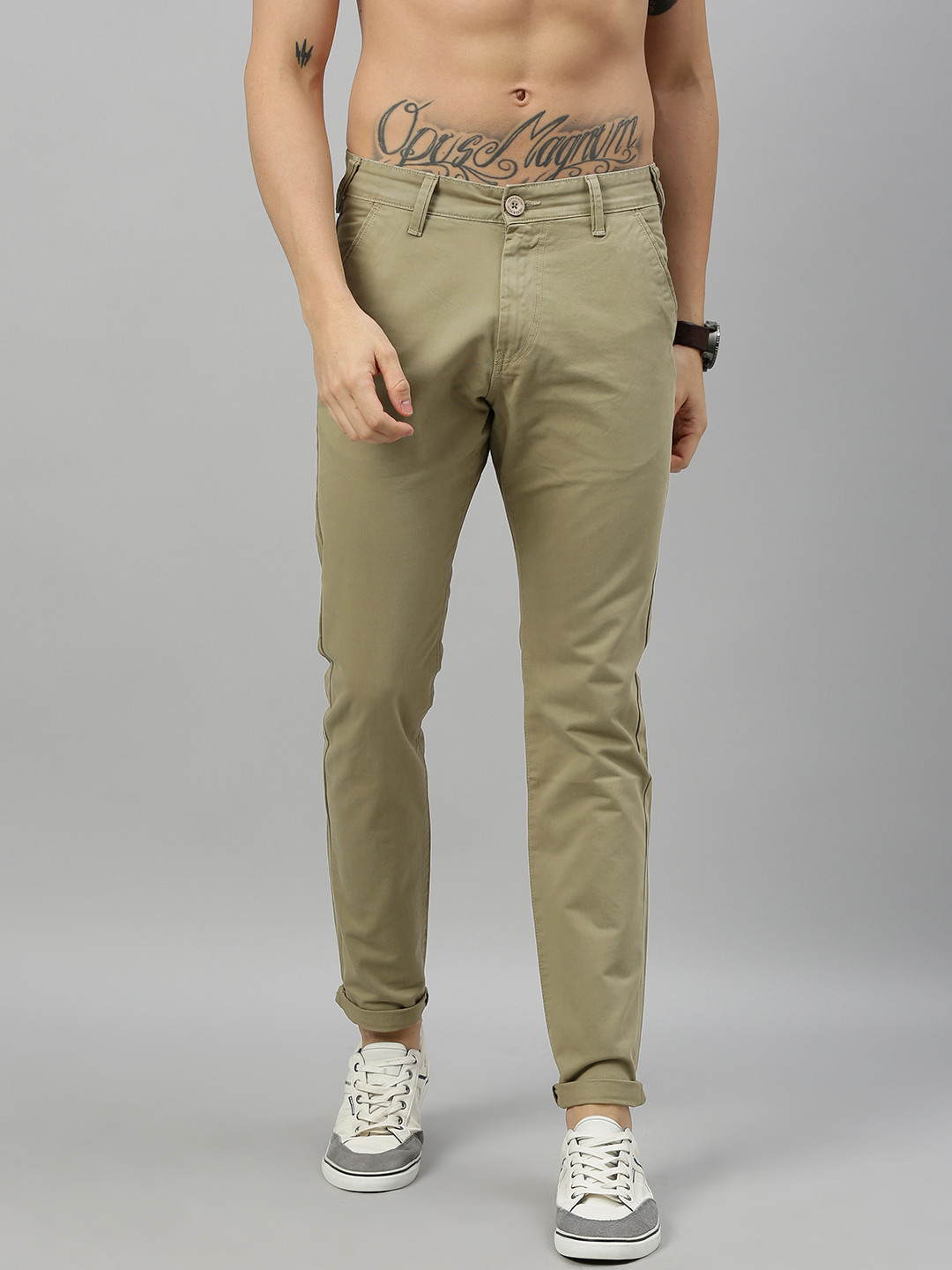 Buy HERE&NOW Men Olive Green Slim Fit Solid Chinos - Trousers for Men ...