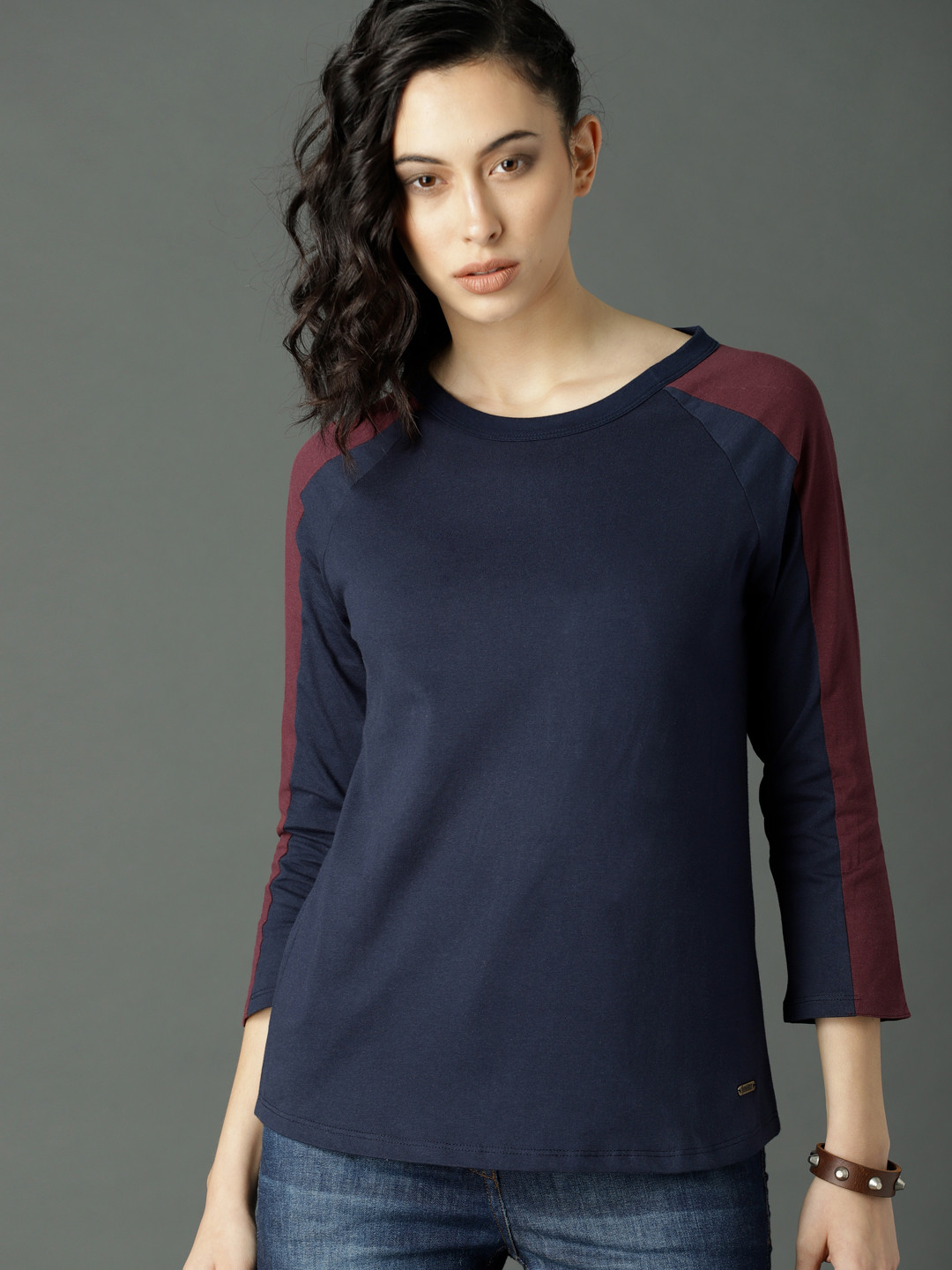 Buy Roadster Women Navy Blue Colourblocked 3/4 Sleeve Pure Cotton T ...