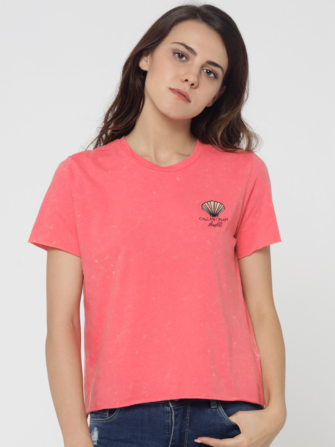 Buy ONLY Women Coral Pink Solid Round Neck T Shirt Tshirts for Women