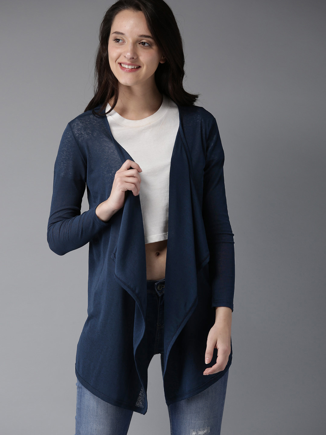 Buy HERE&NOW Navy Blue Solid Open Front Shrug Shrug for Women 6874562