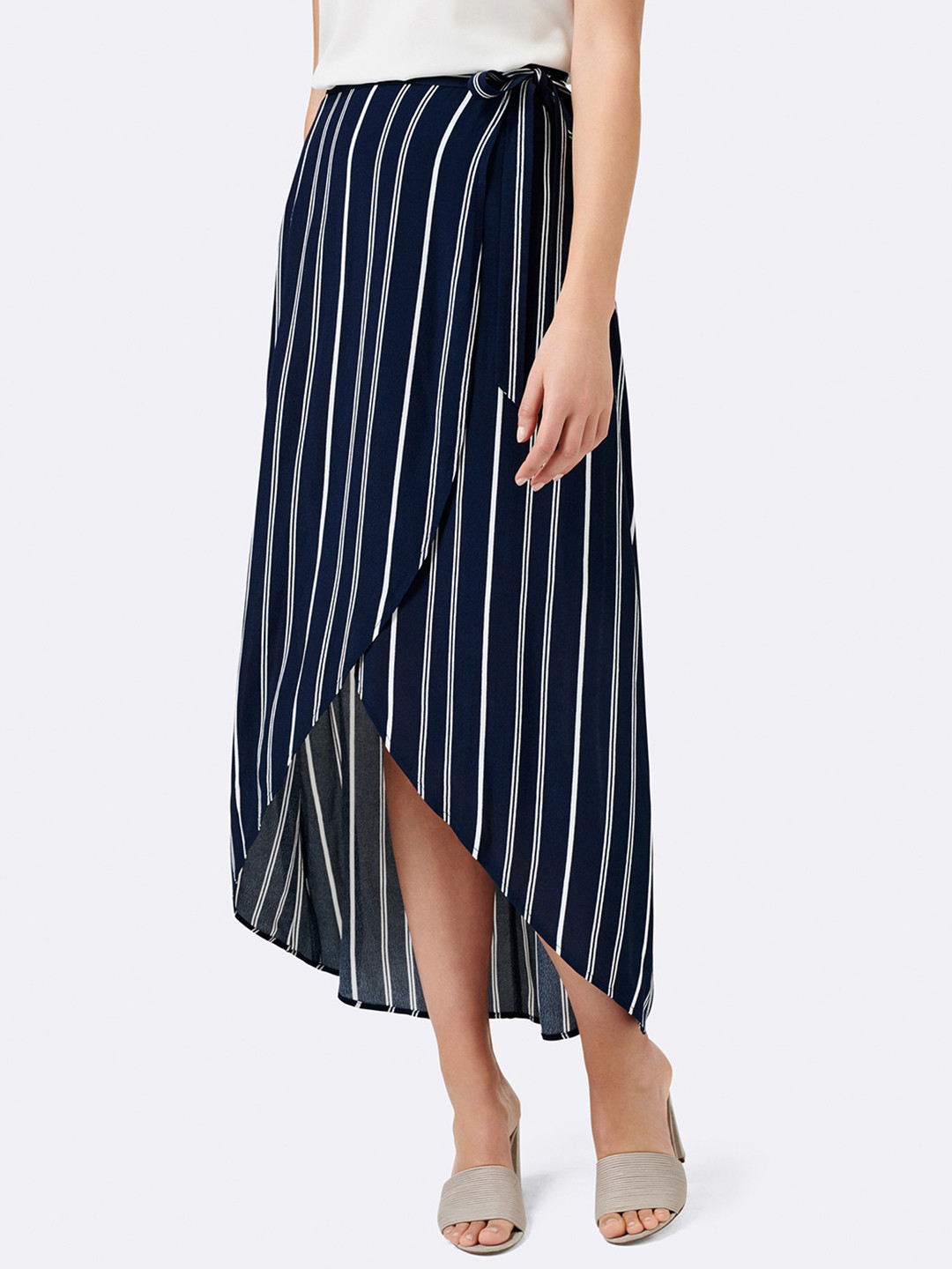 Buy Forever New Women Navy Blue & White Striped Midi Skirt Skirts for