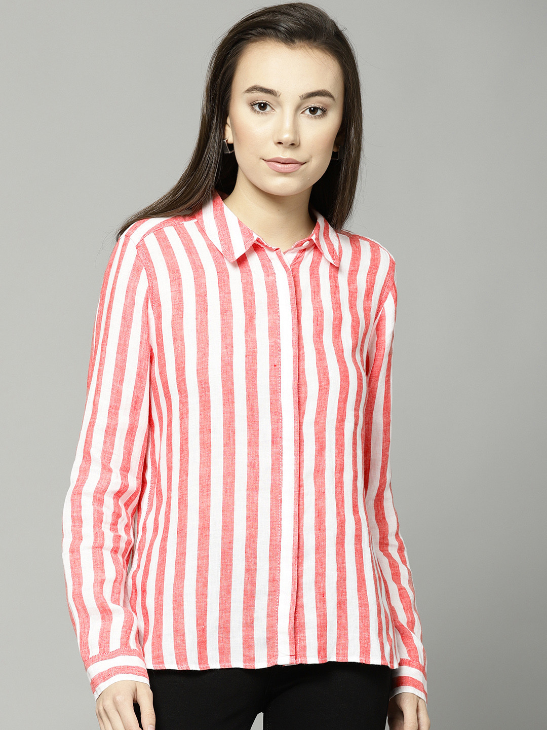 Buy Marks & Spencer Women Red & White Regular Fit Striped Casual Shirt