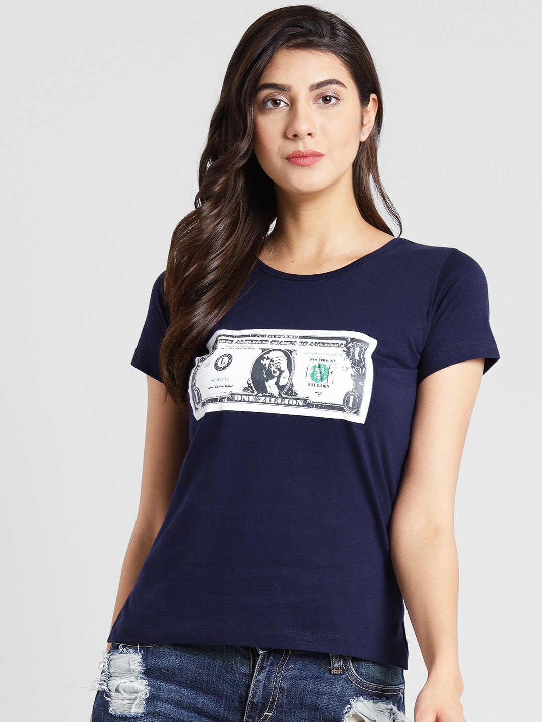 Buy PlusS Women Navy Blue Printed Round Neck T Shirt - Tshirts for ...