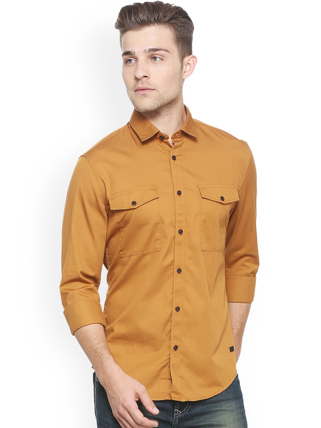 Buy Peter England Casuals Men Mustard Yellow Slim Fit Solid Casual ... image.
