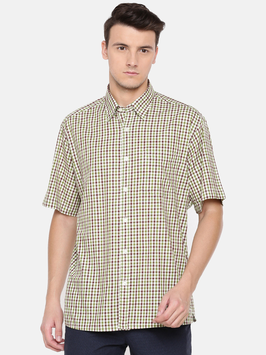 Buy ColorPlus Men Green & Off White Classic Fit Checked Casual Shirt