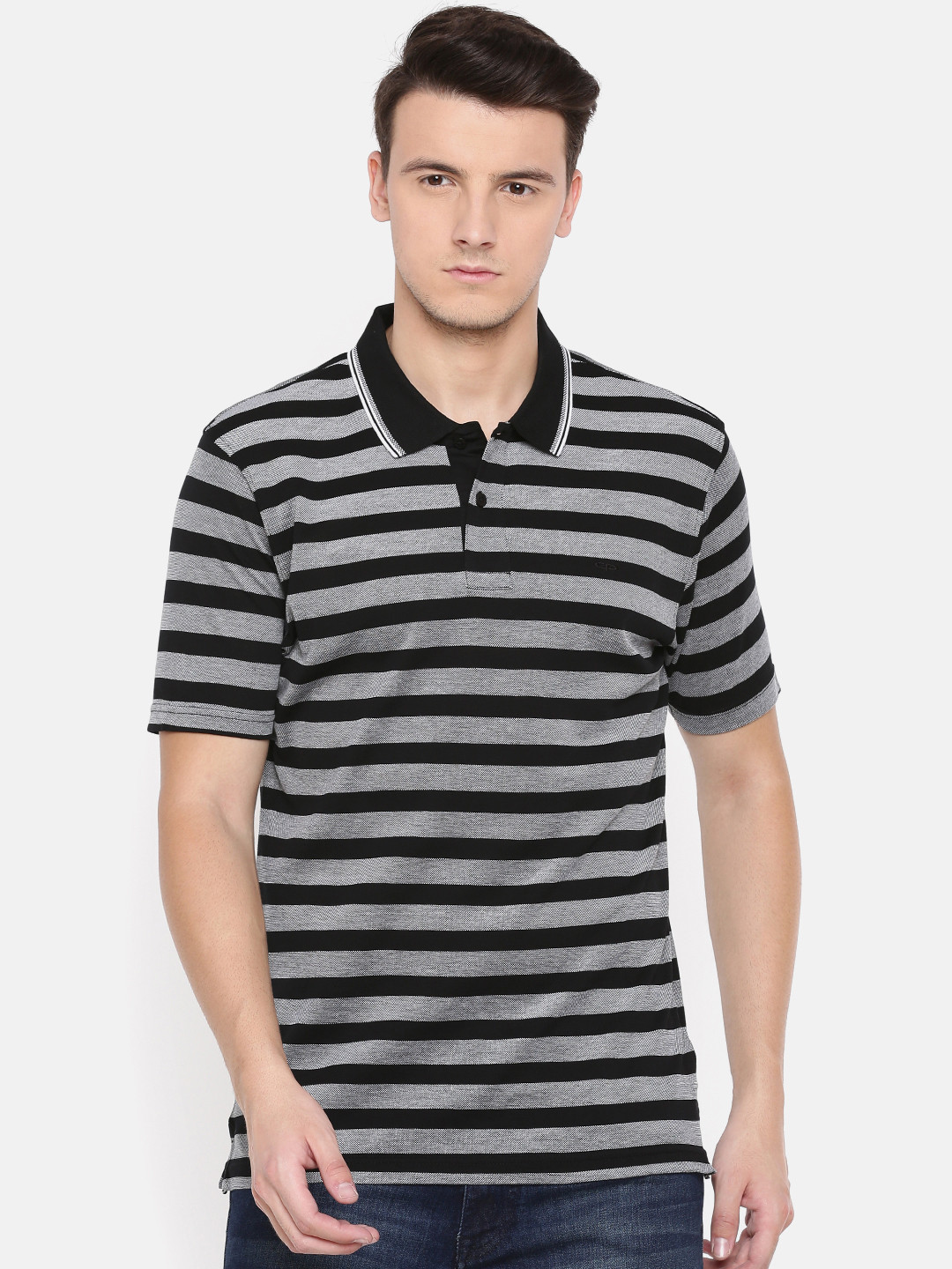 Buy ColorPlus Men Black & Grey Striped Polo Collar T Shirt Tshirts