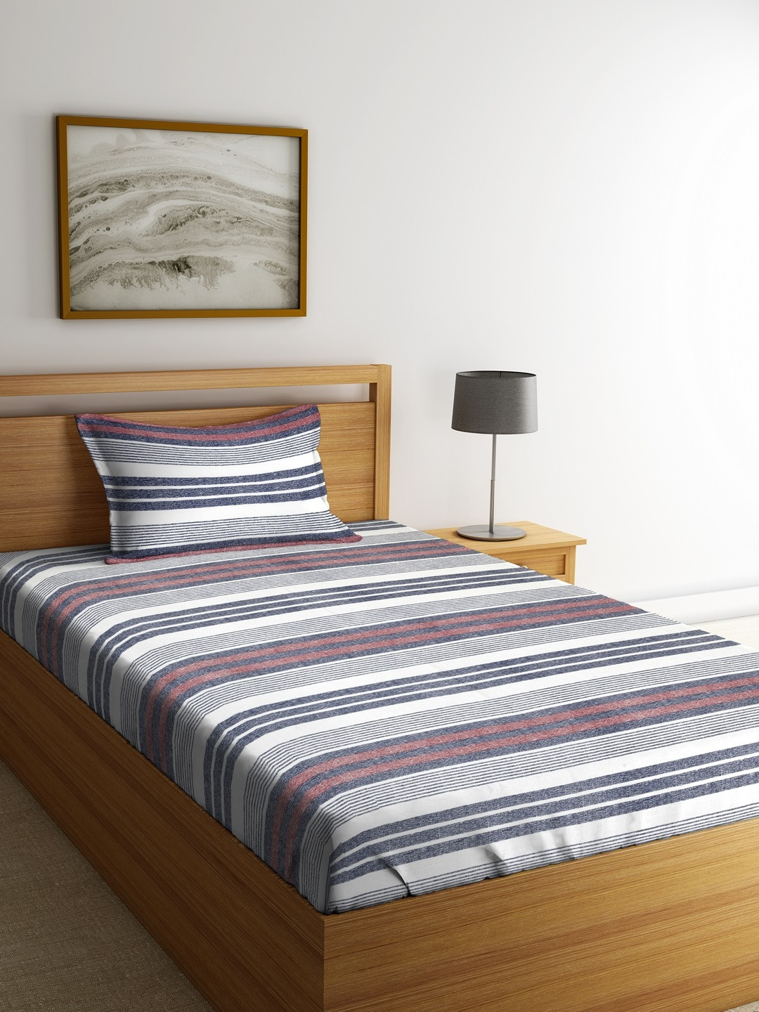 Buy Trident White & Grey Striped Flat 144 TC Cotton 1 Single Bedsheet