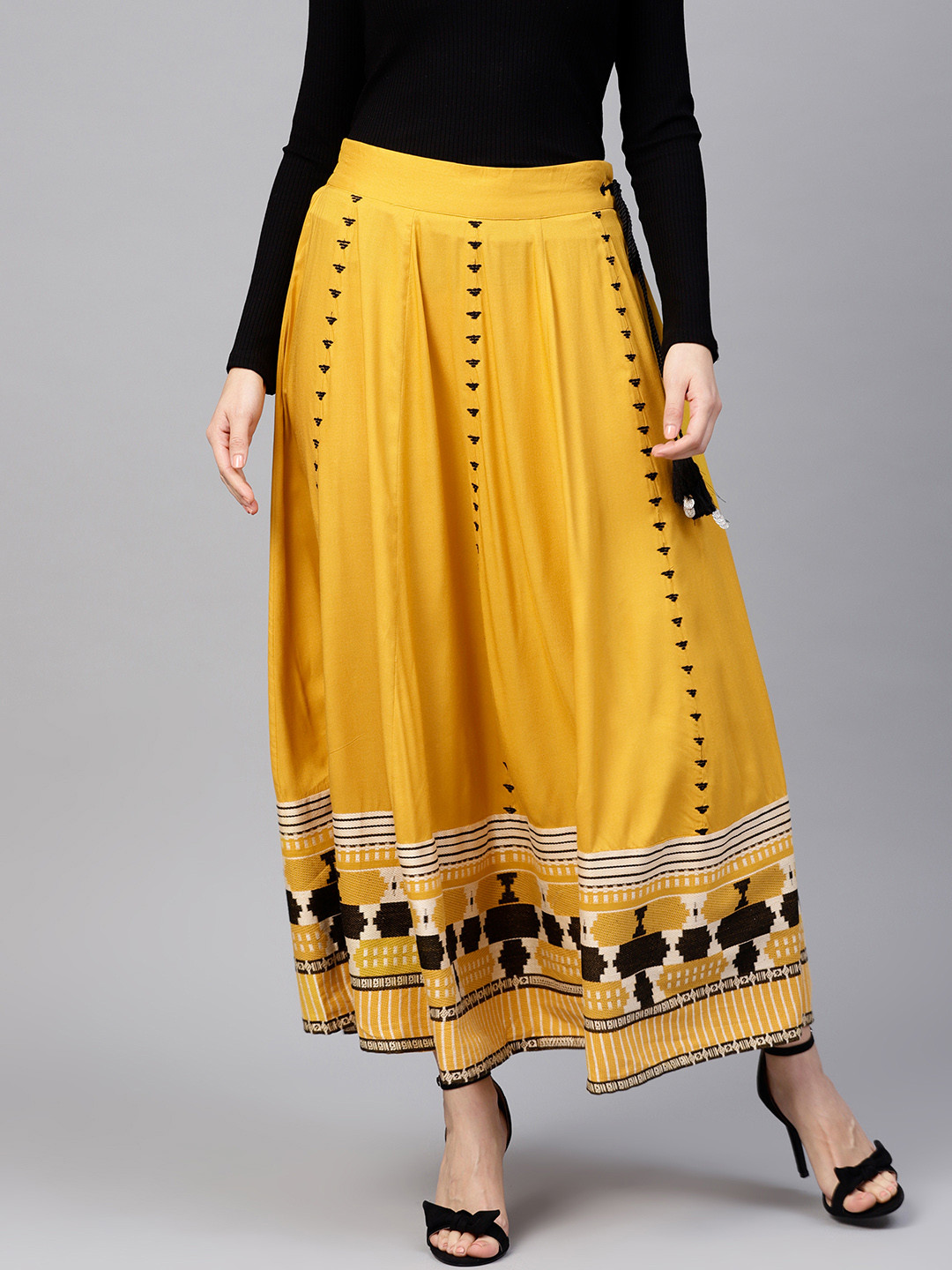 Buy W Women Mustard Yellow & Black Embroidered Maxi Flared Skirt