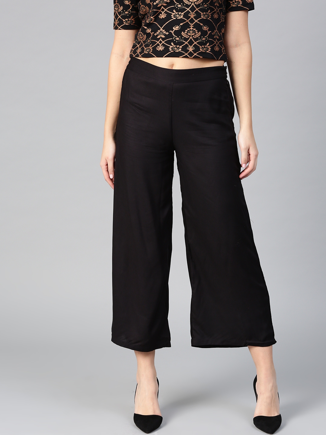 Buy W Women Black Wide Leg Solid Cropped Palazzos - Palazzos for Women ...