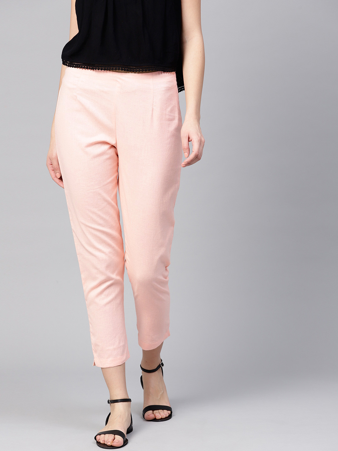 Buy W Women Peach Coloured Regular Fit Solid Cropped Trousers - Trousers for Women 6918852 | Myntra