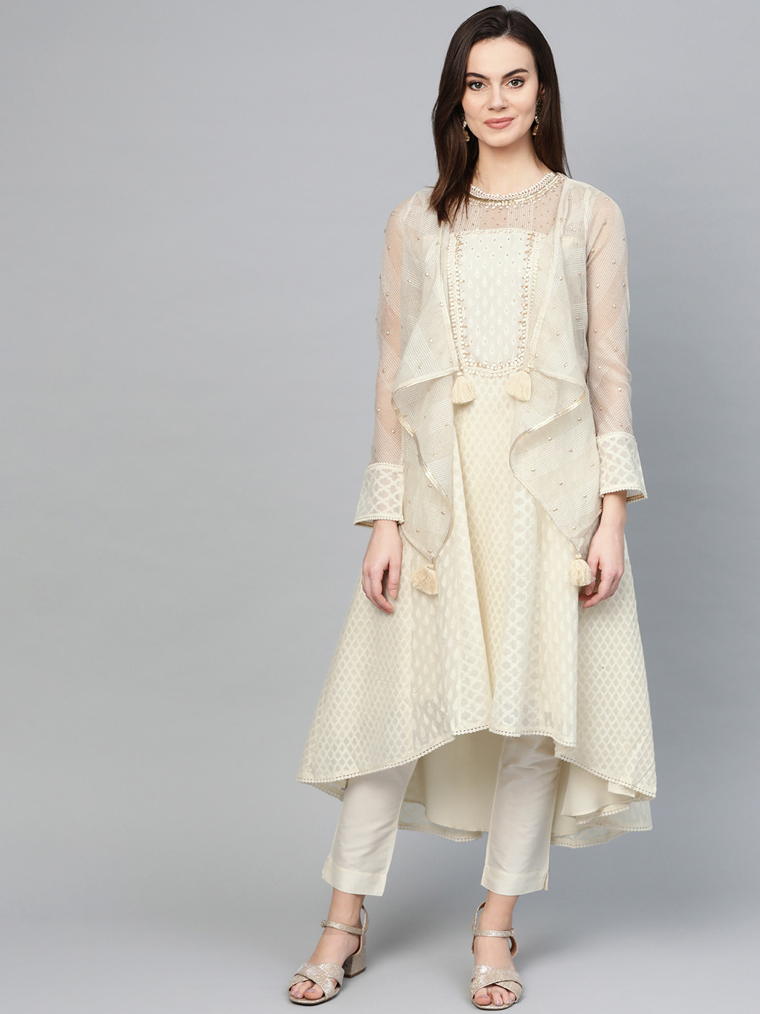 Women Off-White & Golden Printed Kurta With Trousers main image 1