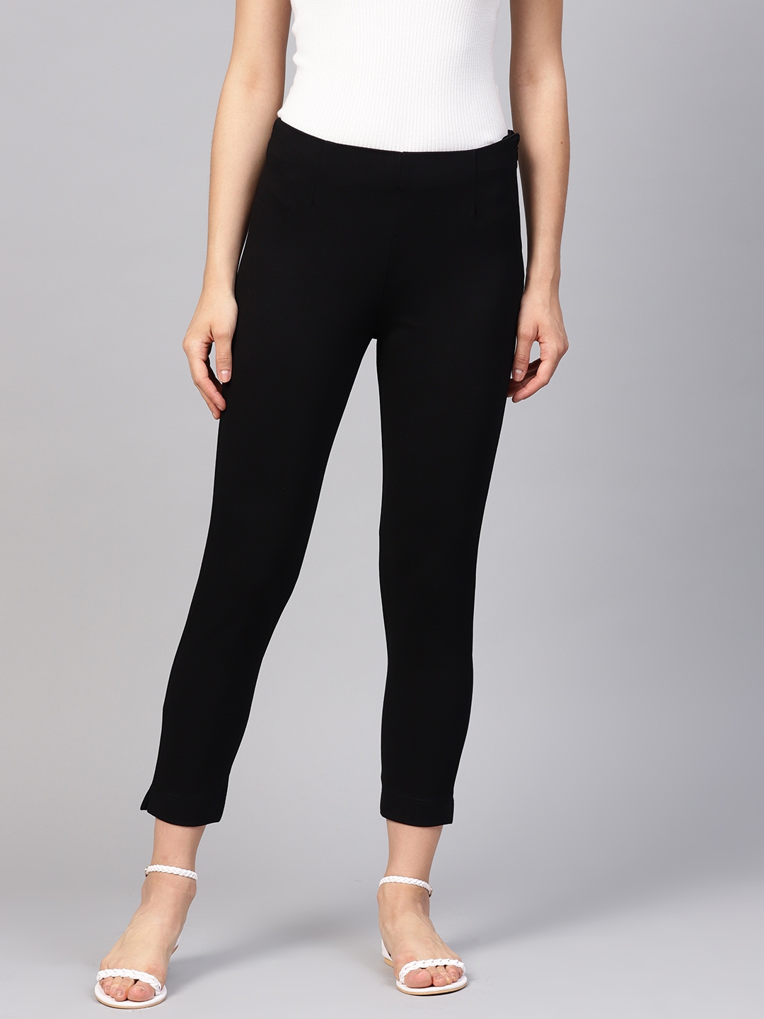 Buy W Women Black Regular Fit Solid Cropped Trousers - Trousers for ...
