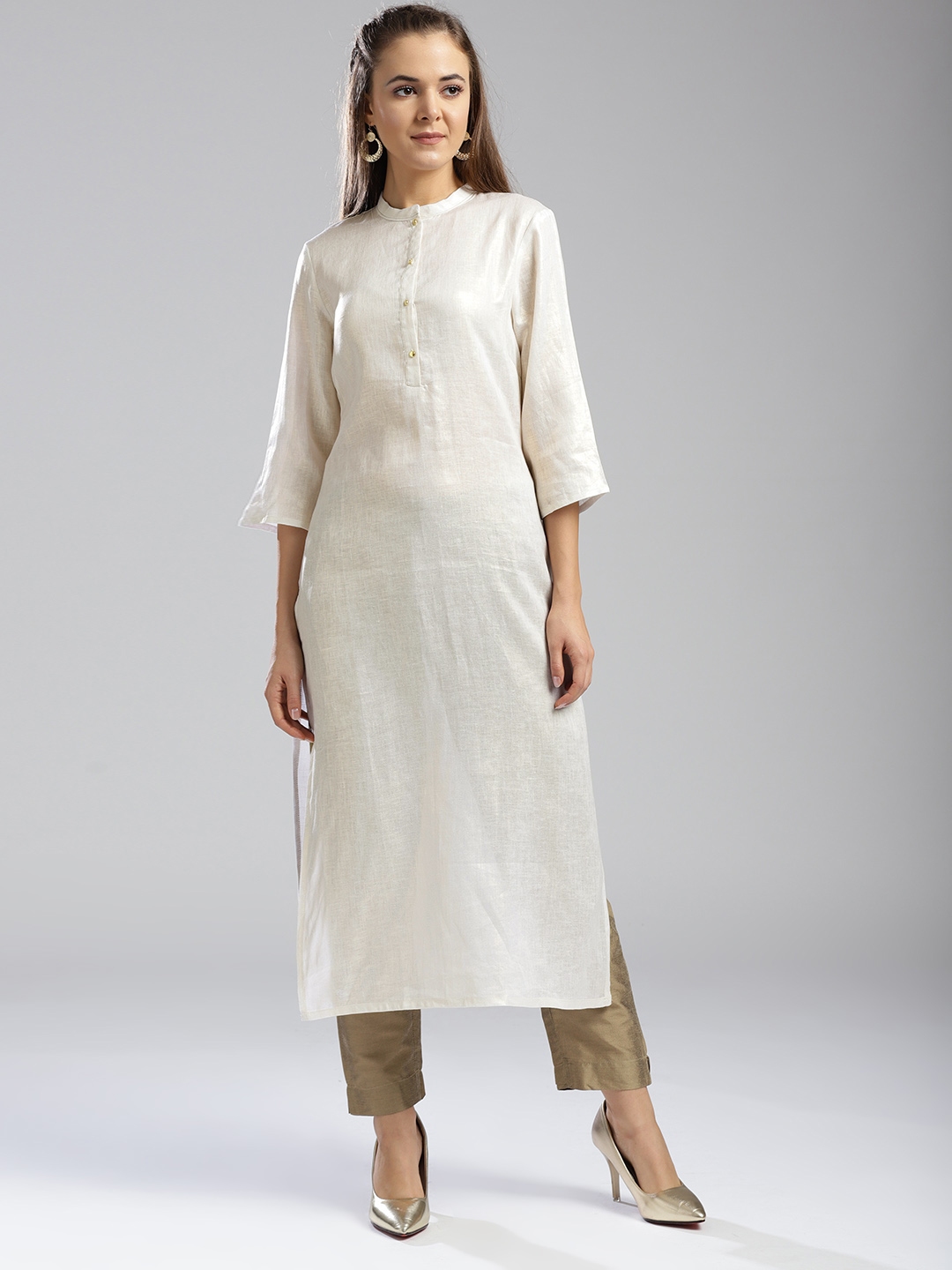 Buy W Women White & Golden Solid Linen Straight Kurta - Kurtas for ...