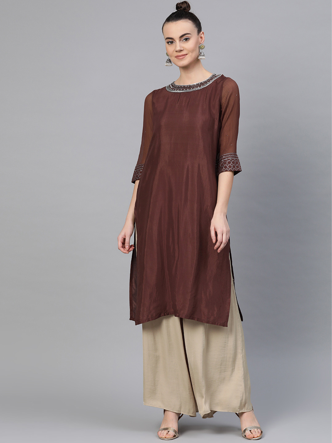 Buy WISHFUL By W Women Coffee Brown Solid Straight Kurta - Kurtas for ...