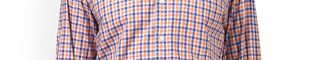 Buy ColorPlus Men Orange & Blue Tailored Fit Checked Casual Shirt ...