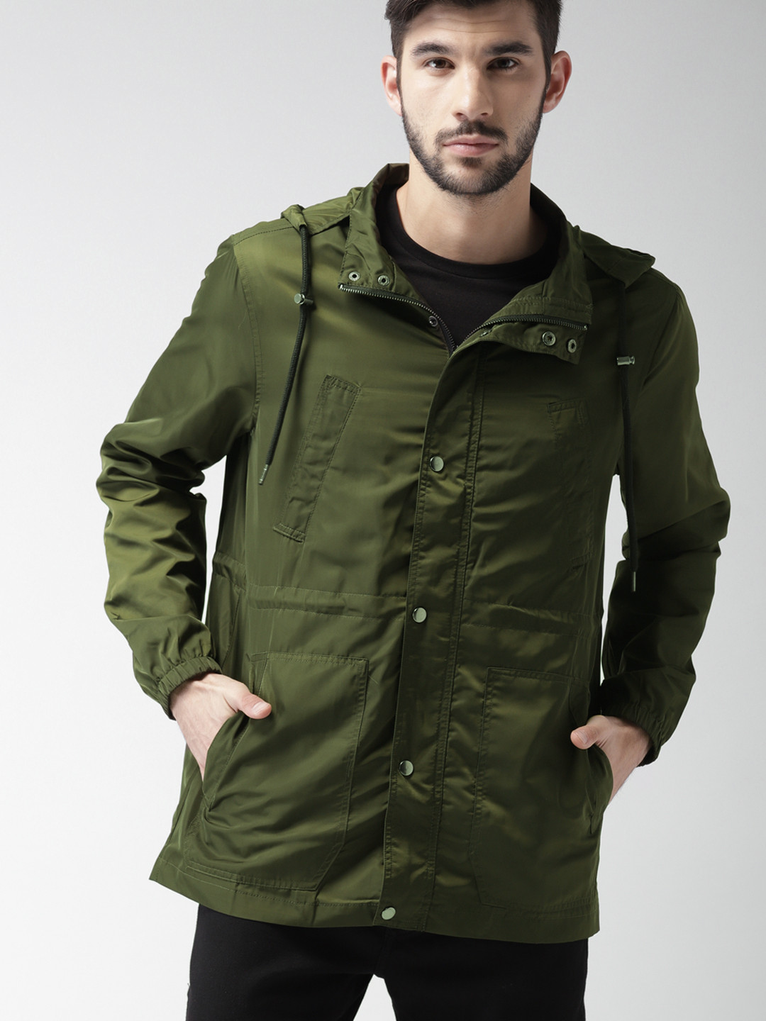 Buy FOREVER 21 Men Olive Green Solid Hooded Tailored Jacket Jackets