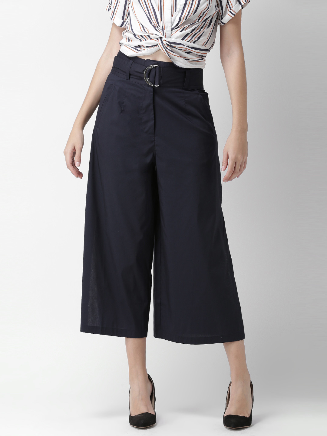 Buy FOREVER 21 Women Navy Blue Solid Flared Culottes Trousers for Women 6934033 Myntra