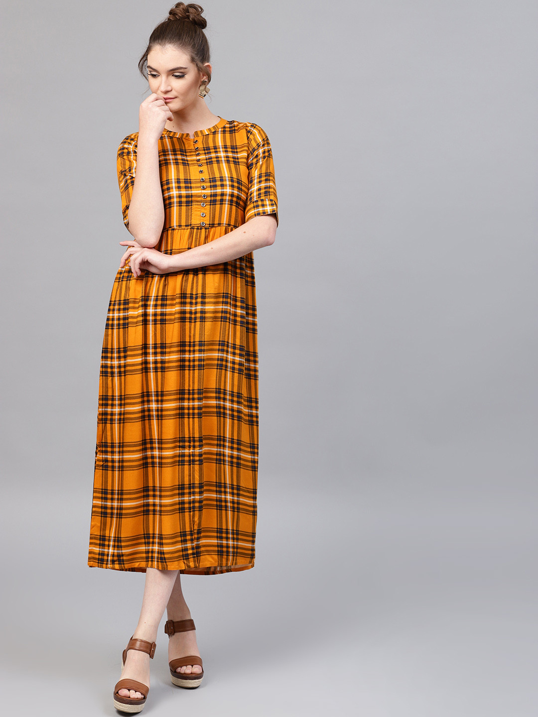 Buy Gerua By Libas Women Mustard Yellow Navy Blue Checked Empire Dress