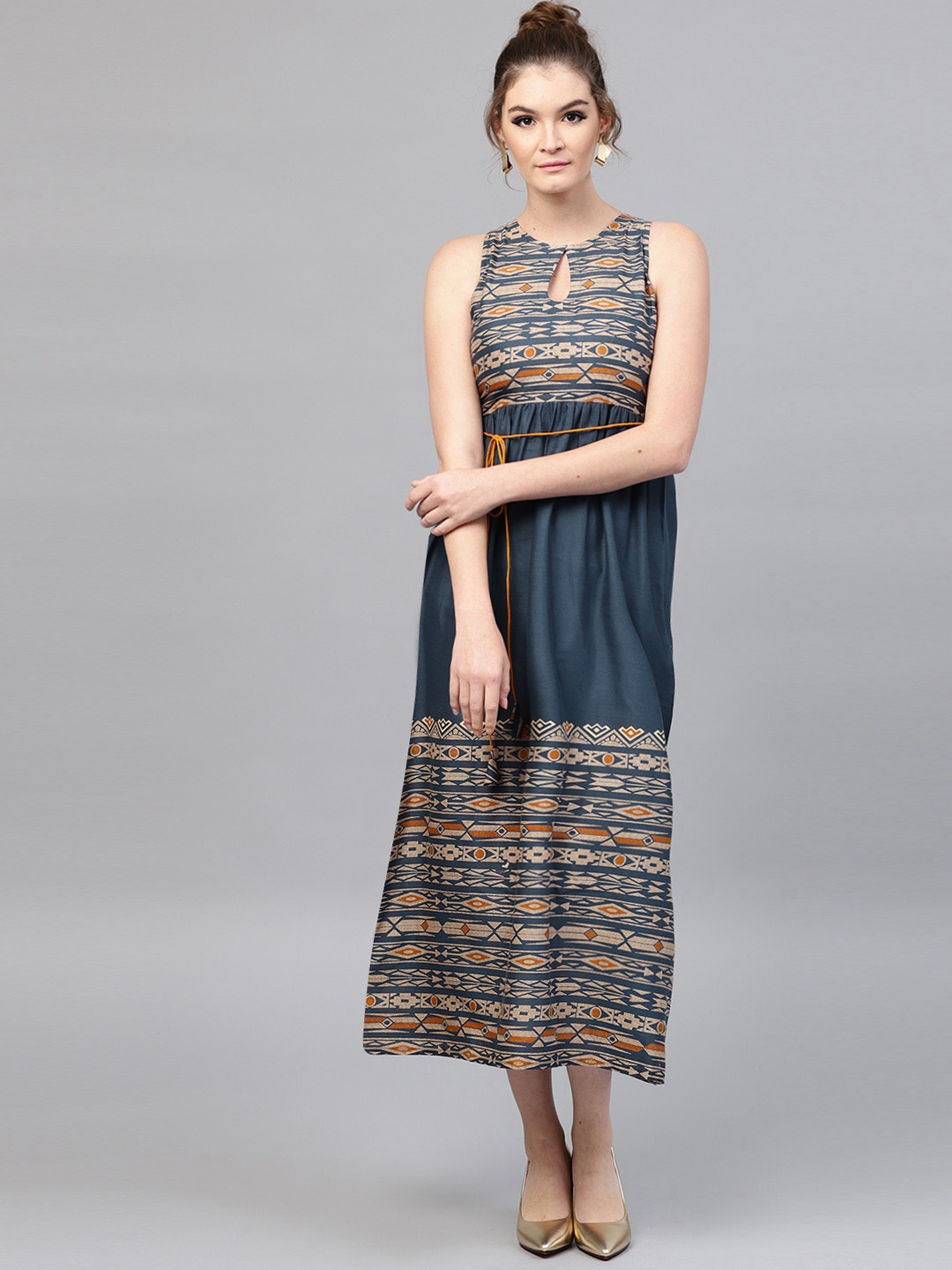 Buy GERUA Women Teal Blue & Beige Printed Maxi Dress - Dresses for ...