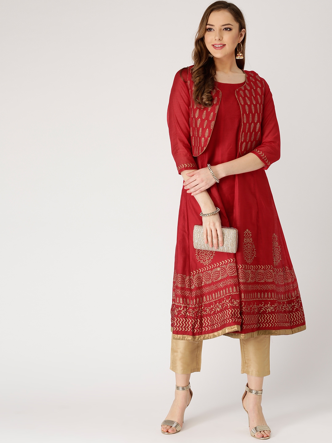 Buy IMARA Women Red & Golden Solid Kurta With Trousers & Ethnic Jacket ...