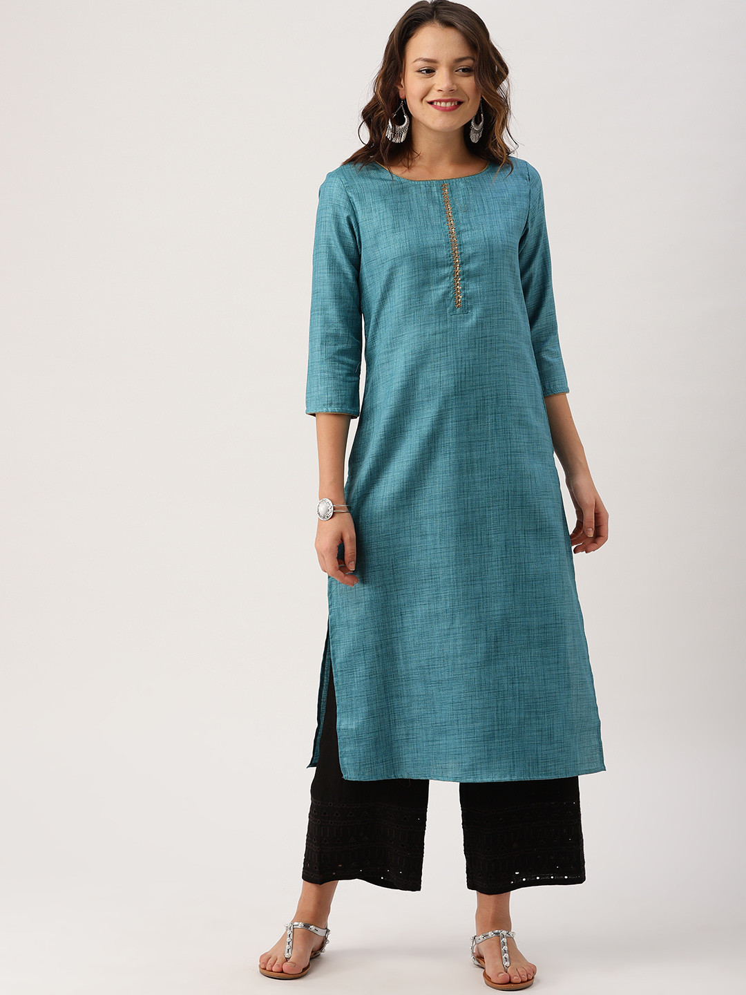 Women Teal Blue Calf Length Three-Quarter Sleeves Straight Lapel Neck Solid Cotton Kurta