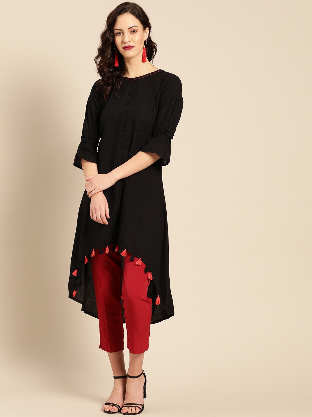 Buy IMARA Women Black Woven Design High Low A Line Kurta - Kurtas for ...