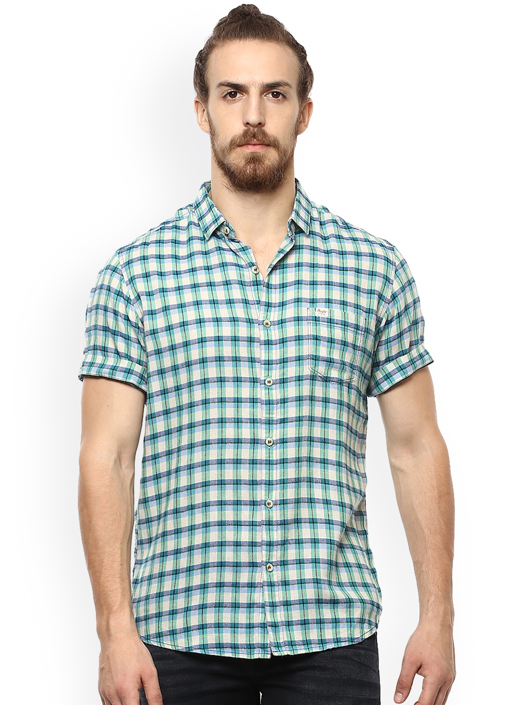 Buy Mufti Men Blue & Green Slim Fit Checked Casual Shirt - Shirts for ...