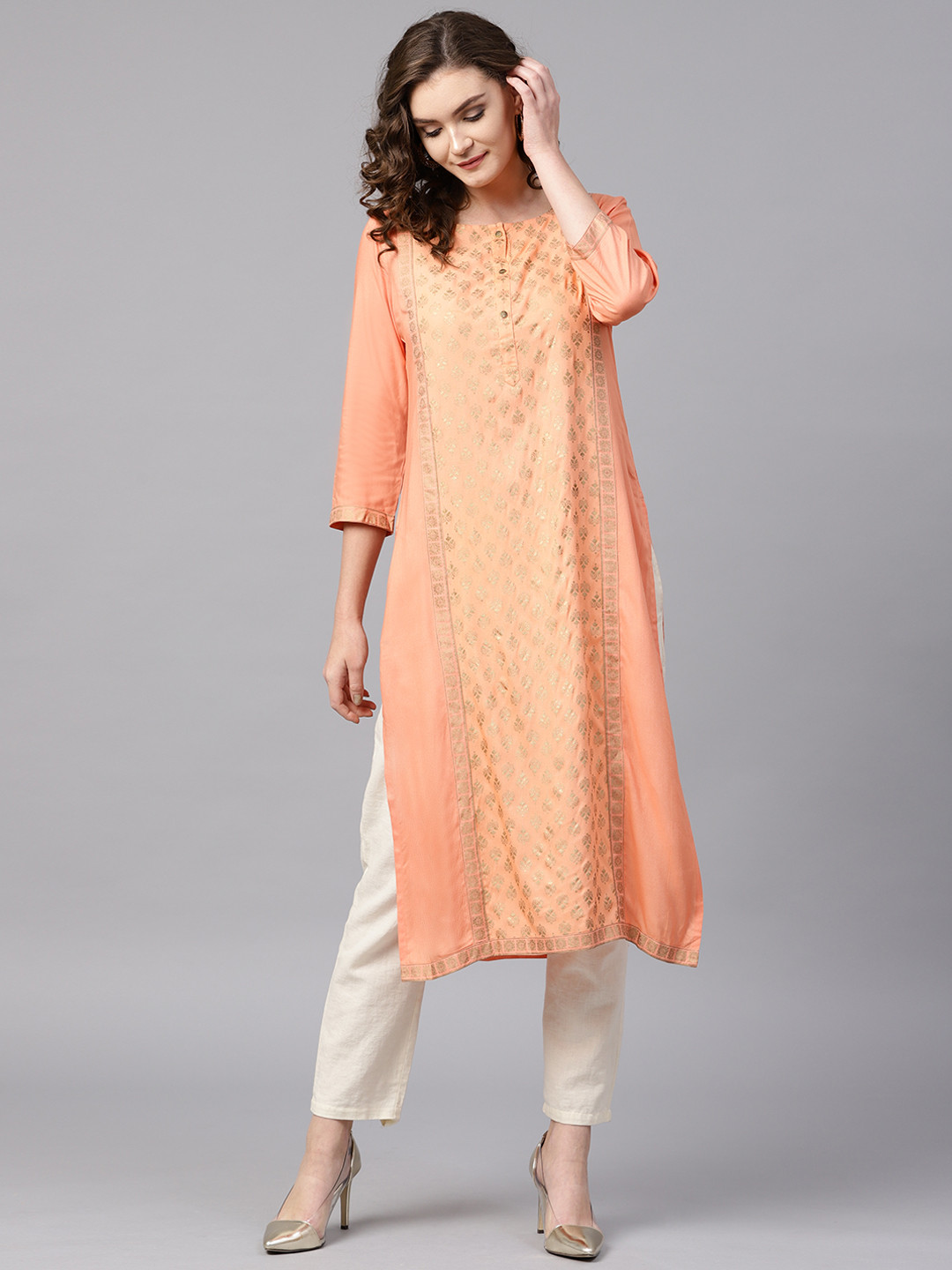Buy Varanga Women Peach Coloured & Golden Printed Straight Kurta