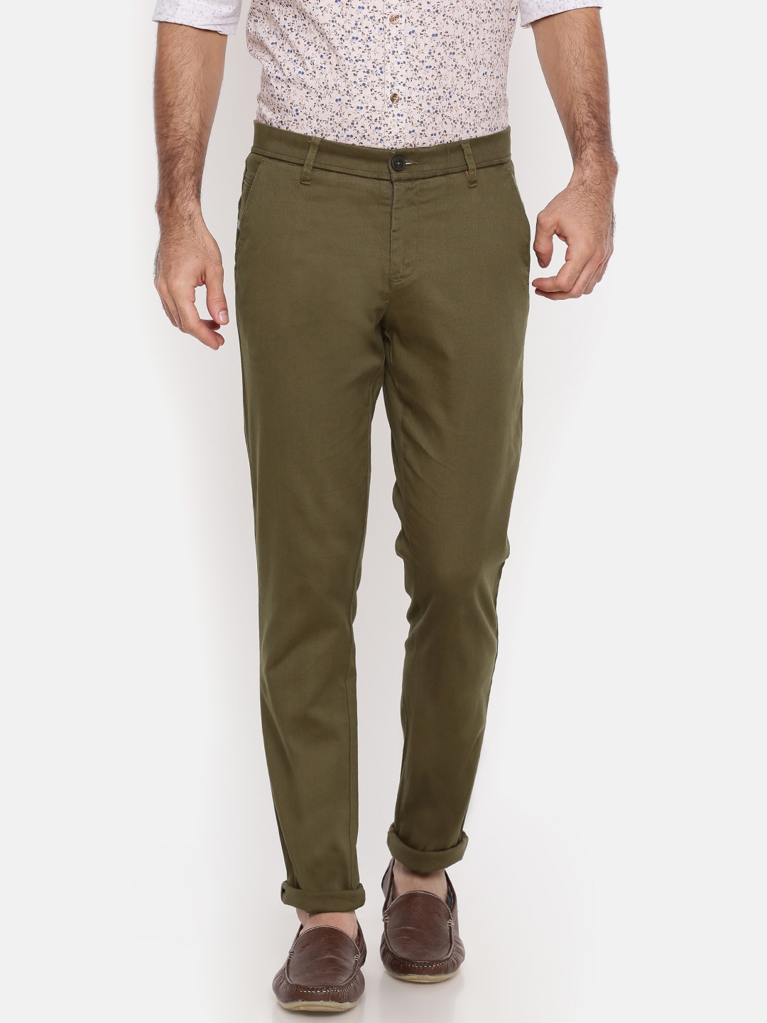 Buy Oxemberg Men Olive Green Brawn Fit Solid Trousers - Trousers for ...