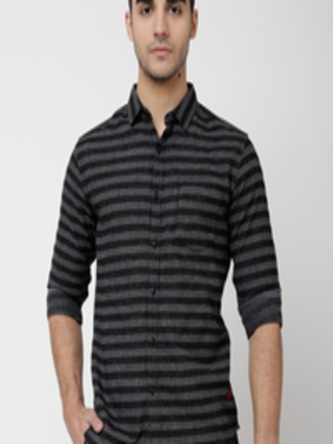 Buy LOCOMOTIVE Men Black & Grey Slim Fit Striped Casual Shirt - Shirts ...