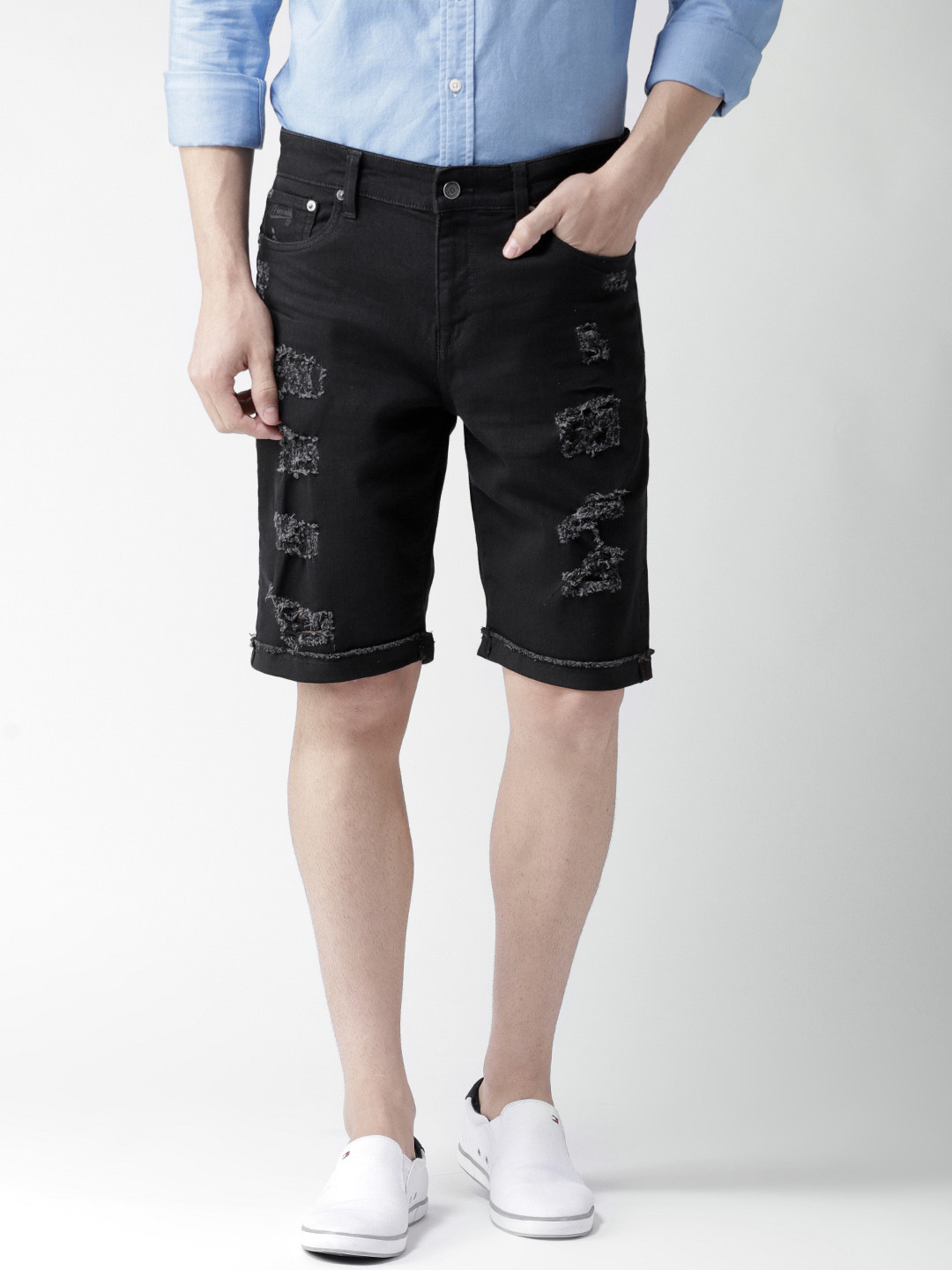 Buy Aeropostale Men Black Solid Regular Fit Distressed Denim Shorts