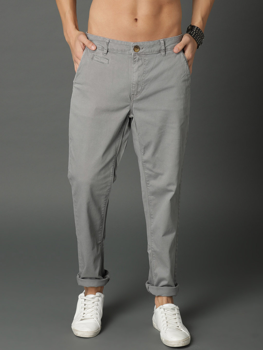 Buy Roadster Men Grey Regular Fit Solid Regular Trousers - Trousers for ...