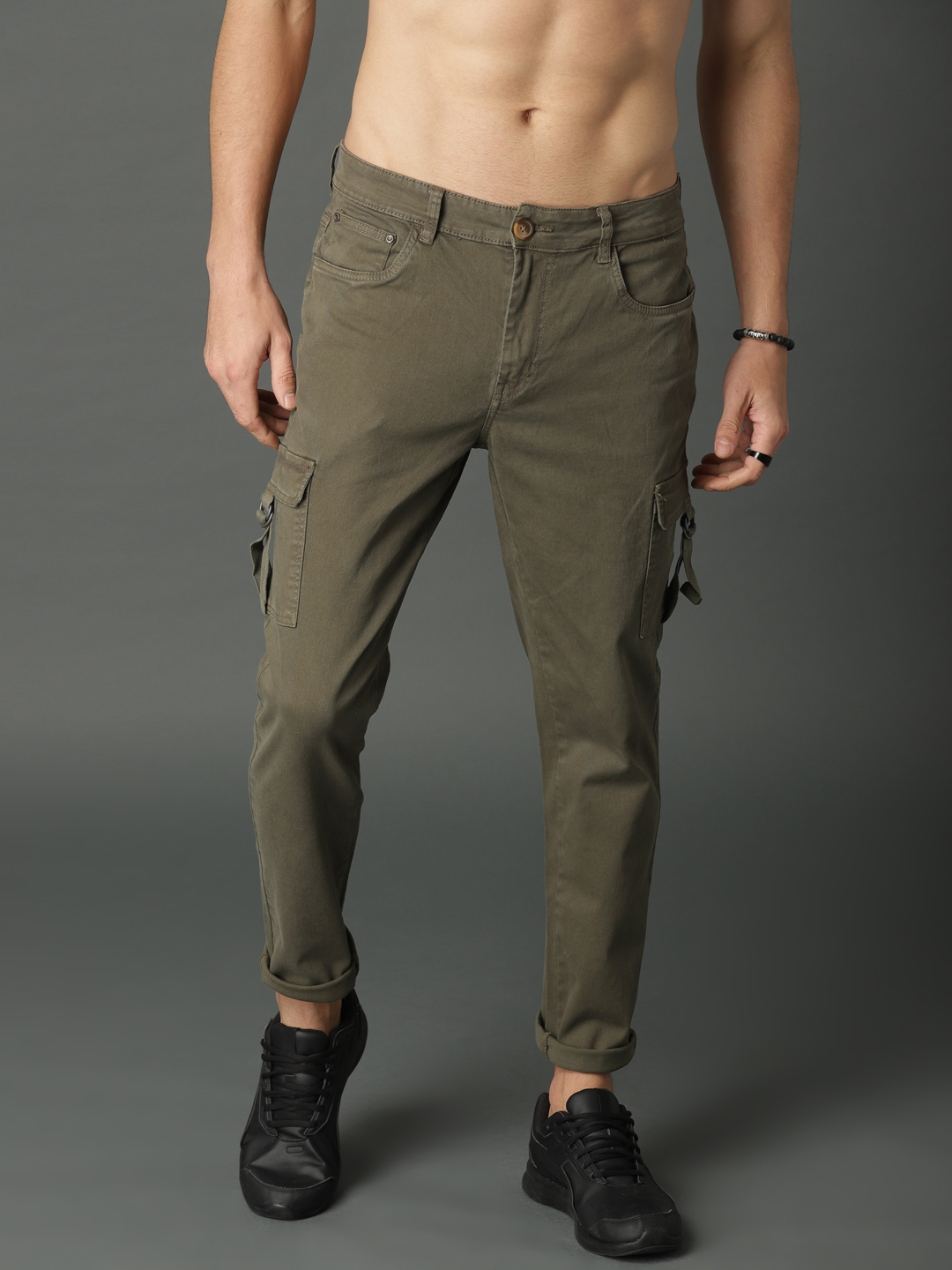 Buy Roadster Men Olive Green Regular Fit Solid Cargos - Trousers for ...