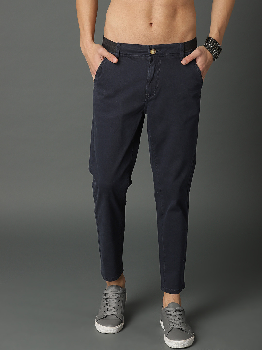 Buy Roadster Men Navy Blue Regular Fit Solid Cropped Chinos - Trousers ...