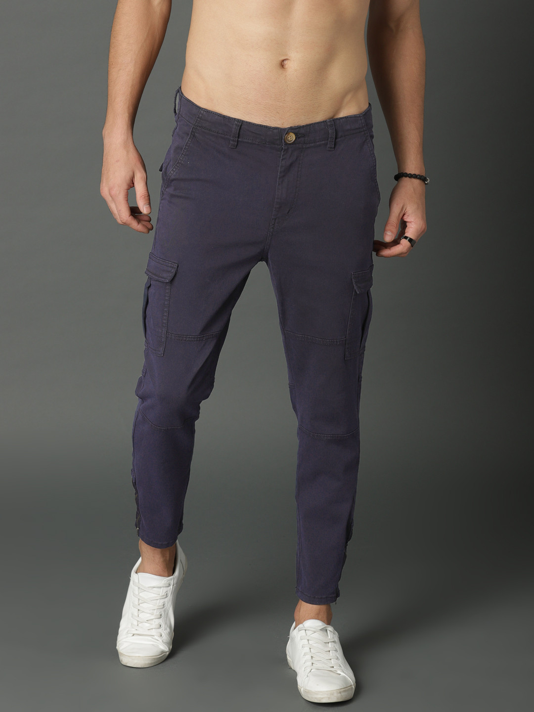 Buy Roadster Men Navy Blue Regular Fit Solid Cargos - Trousers for Men ...