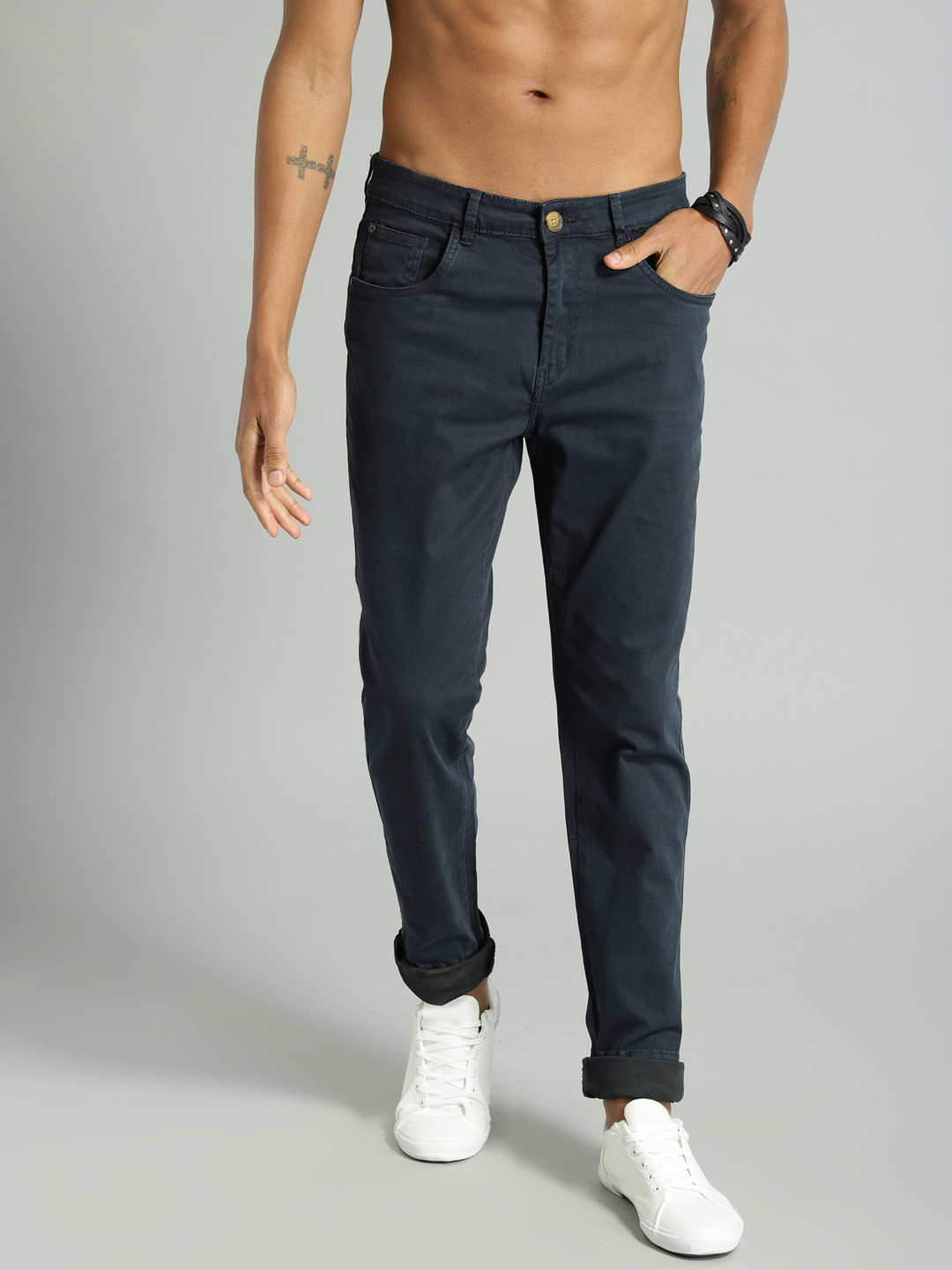 Buy Roadster Men Navy Blue Regular Fit Solid Chinos - Trousers for Men ...