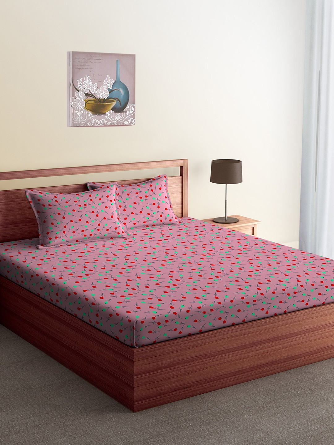 Buy CORE Designed By SPACES Pink Floral Flat 104 TC Cotton 1 Queen