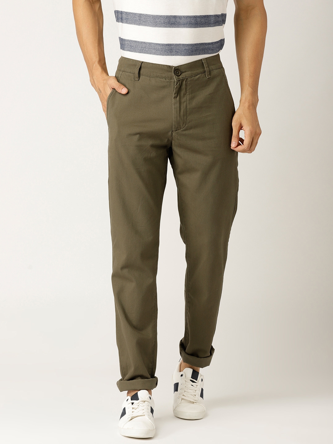 Buy United Colors Of Benetton Men Olive Green Slim Fit Solid Chinos ...