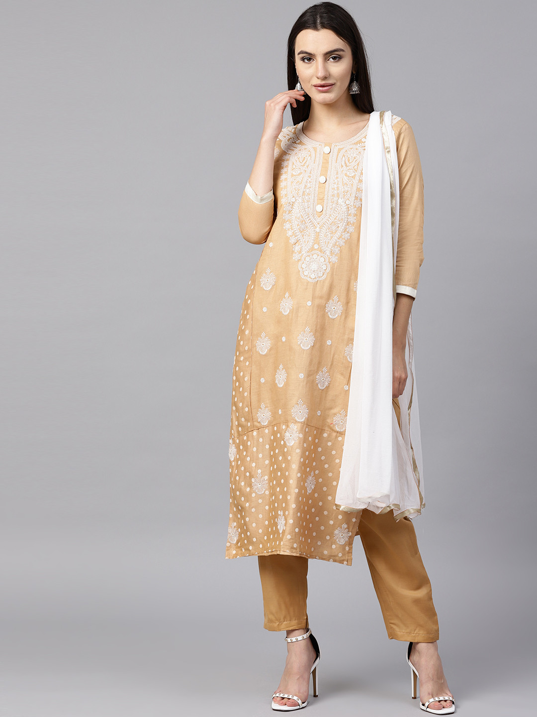 Buy Saree Mall Beige & White Unstitched Embroidered Dress Material Dress Material for Women