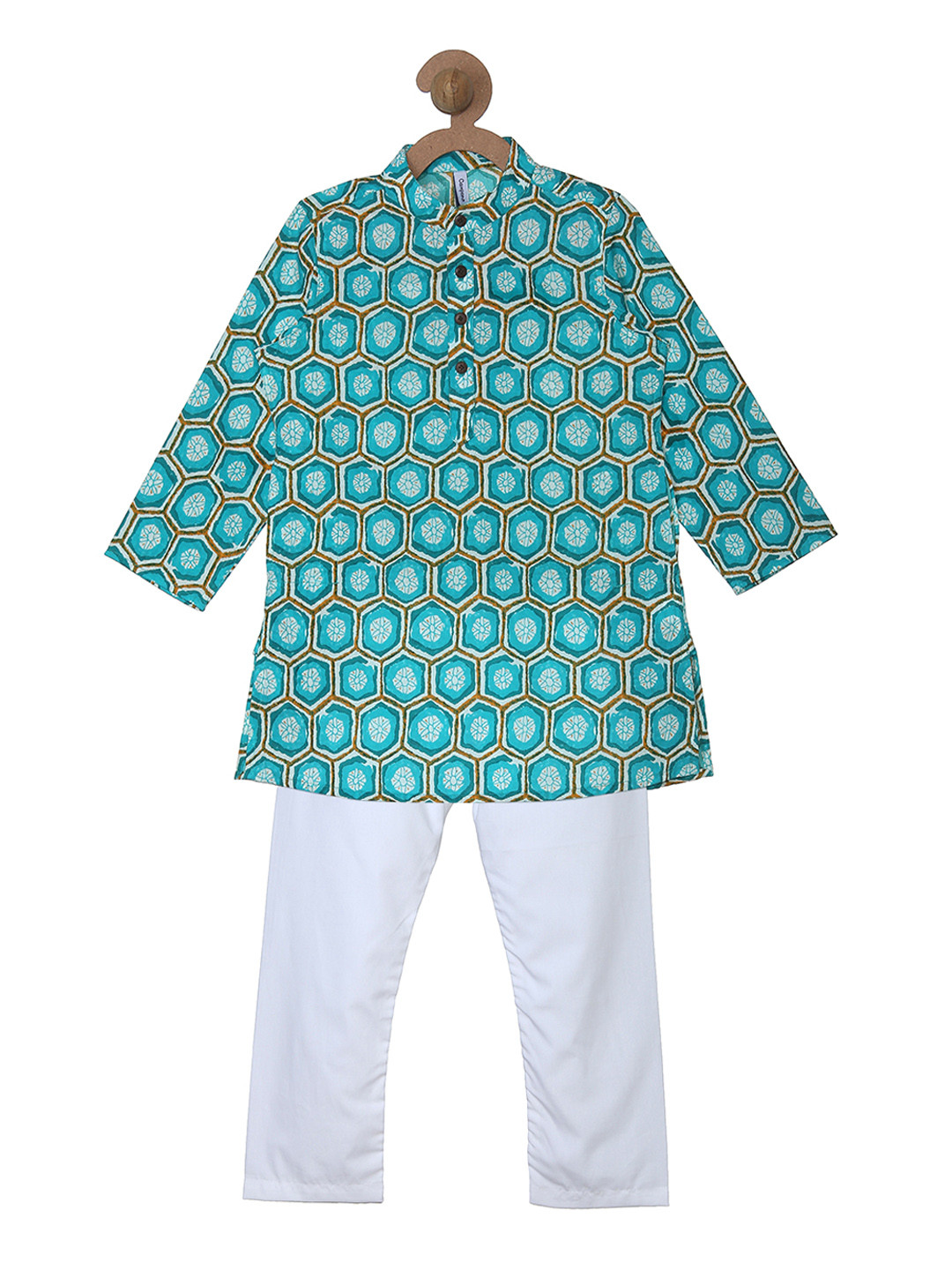 Campana Boys Palash Kurta Pyjama Set - Block Print - Sea Green & White