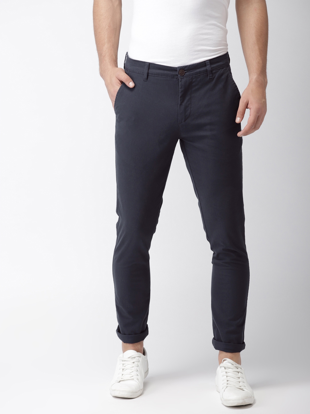 Buy Mast & Harbour Men Navy Blue Tapered Fit Solid Chinos - Trousers ...
