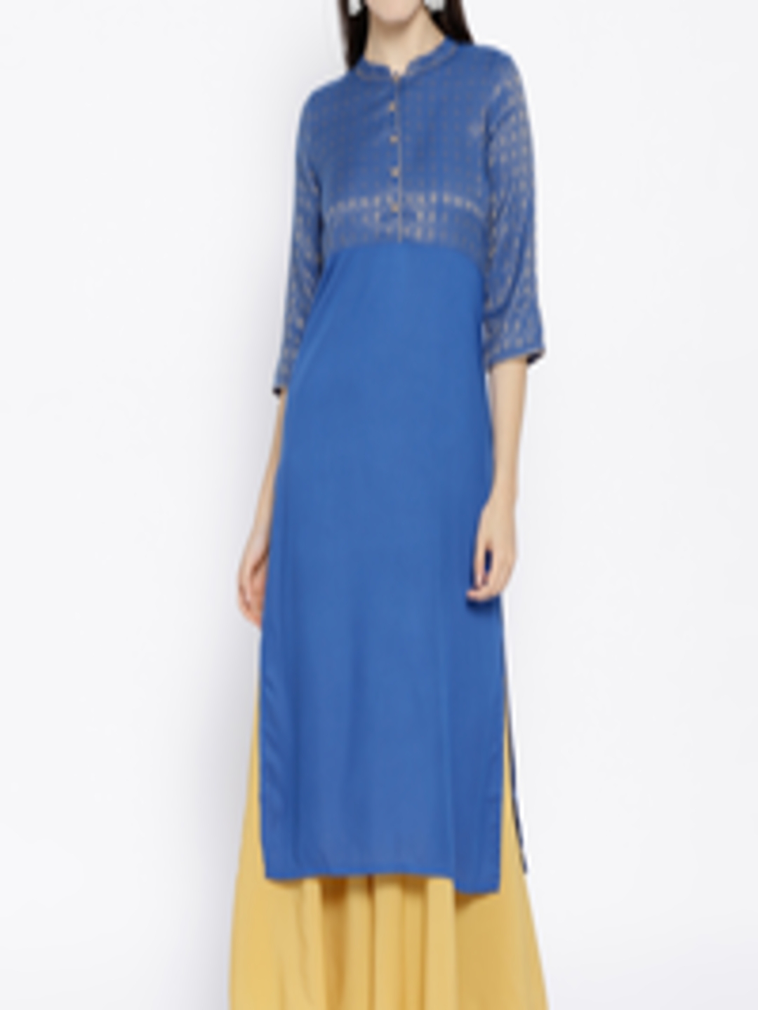 Buy AURELIA Women Blue & Golden Yoke Design Straight Kurta - Kurtas for ...