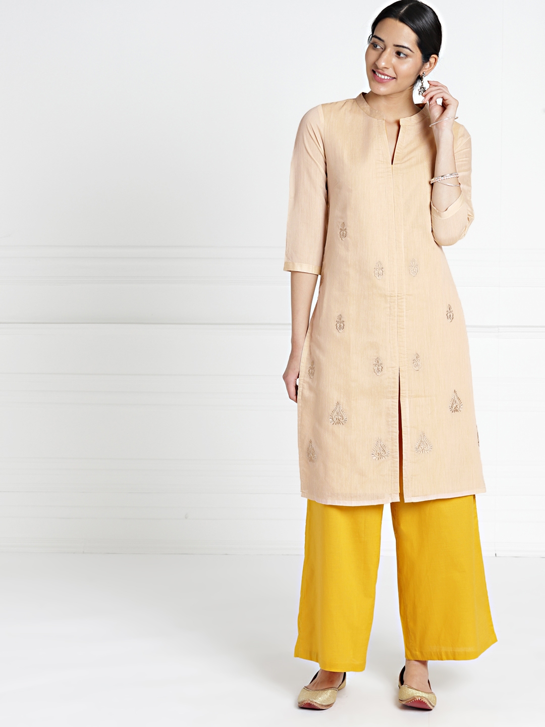 All About You Kurta Set Buy All About You Women Cream Coloured & Mustard Yellow Embroidered