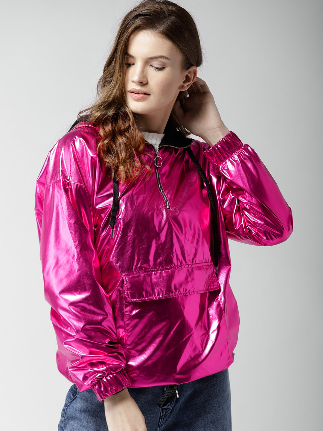 Buy FOREVER 21 Women Pink Glossy Hooded Sporty Jacket Jackets for