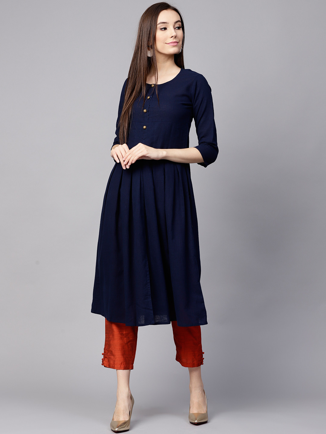 Women Navy Blue & White Printed Cold-Shoulder A-Line Kurta main image 0